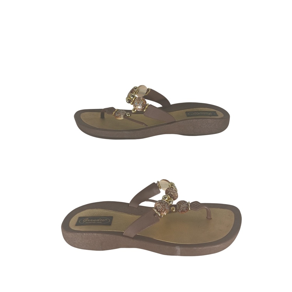 Grandco Beaded Thong Sandals 10 Brown Gold Boho Coastal Resort Sparkle Wedge